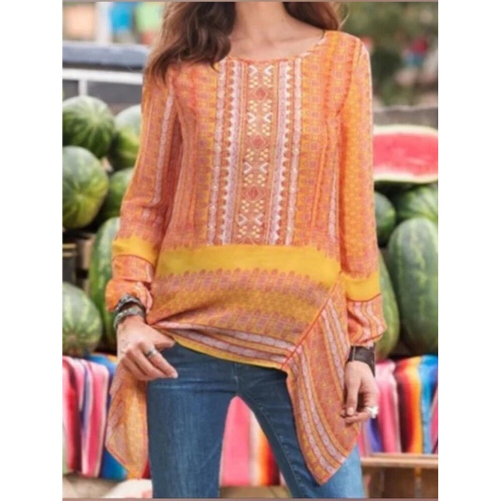 Sundance Multi-Print Yellow and Orange Boho Tunic Sz L Florida Resort Boho Luxe